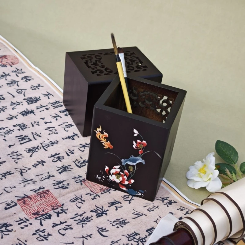 Vintage Wooden Pen Holder with Flower Pattern for Office Study