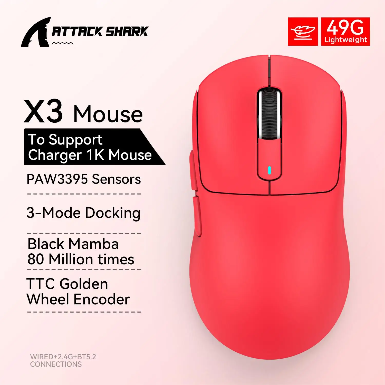 Attack Shark X3 Mouse Wireless, Mouse da gioco Macro, Mouse leggero 49g, PixArt PAW3395 650IPS 26000dpi, tappetino per mouse/PC/laptop