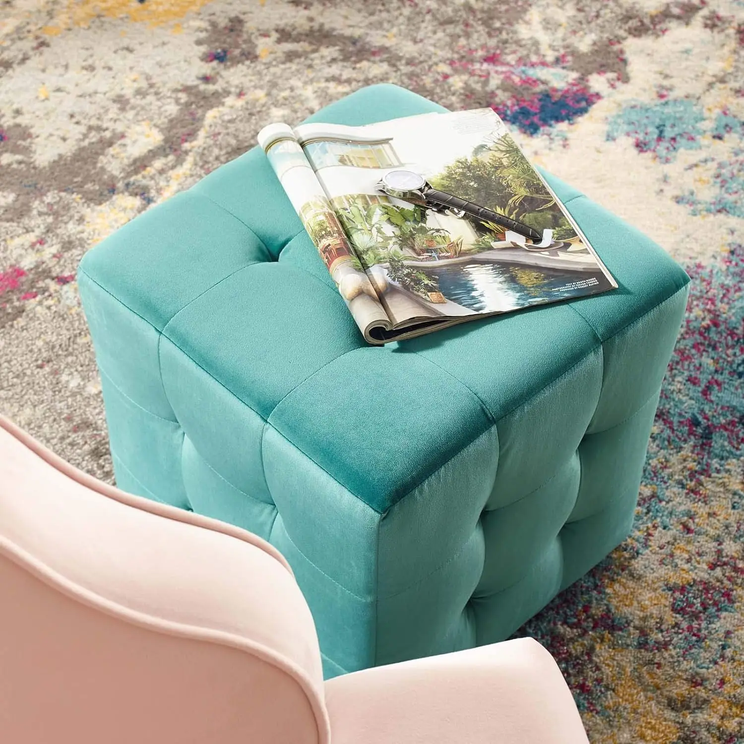 Comfort Corner Contour Tufted Button Cube Performance Velvet Ottoman, Teal 15.5