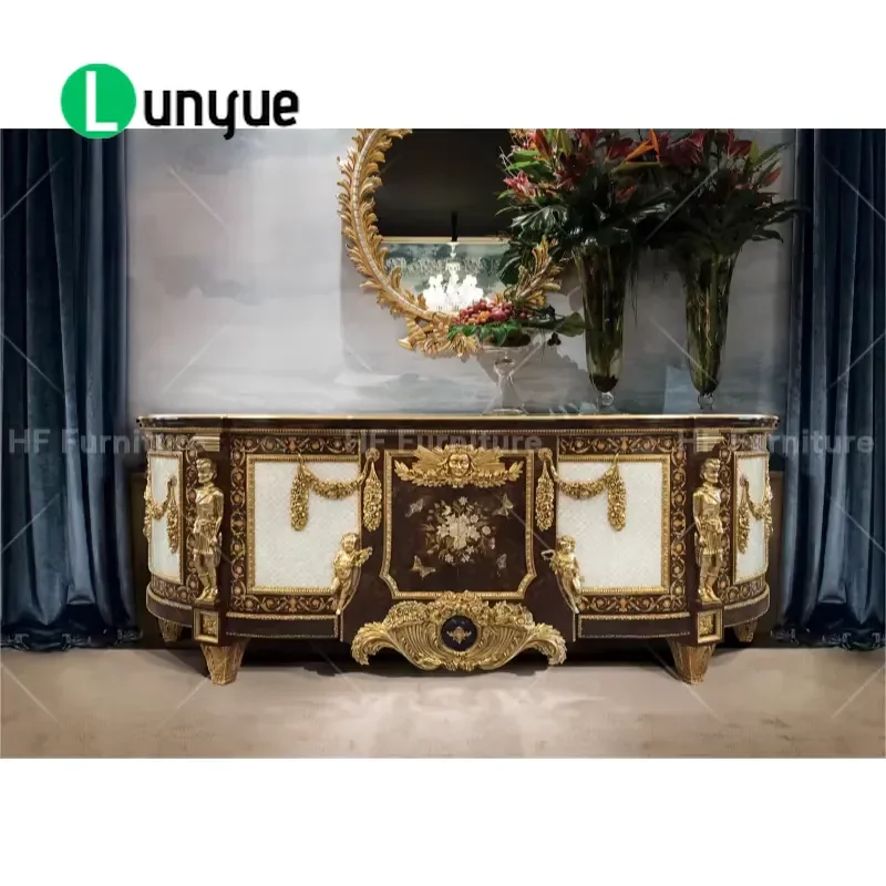European Antique Solid Wood Sideboard Luxury Kitchen Dining Room Cabinet Storage Furniture Set