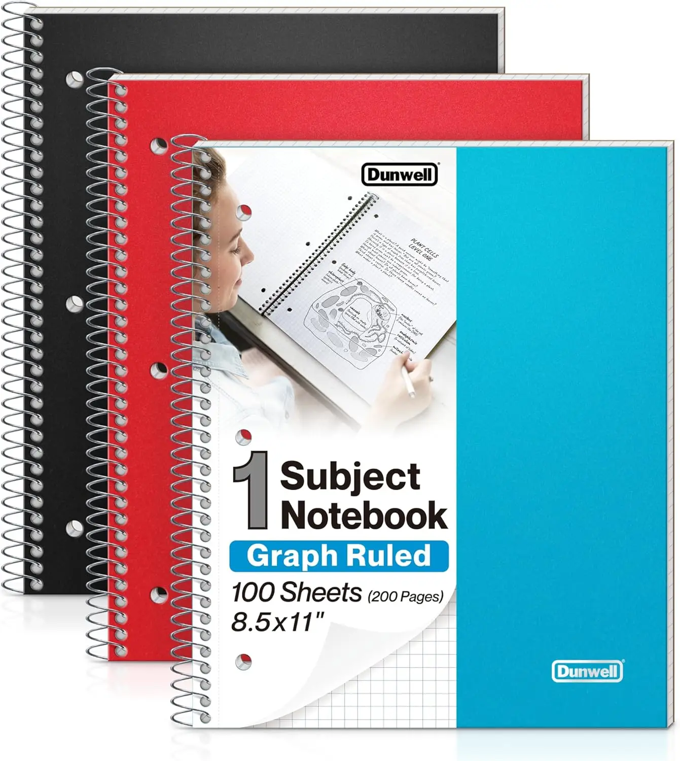

Graph Paper Notebook 8.5x11 3-Pack with Plastic Cover, 100 Sheets 200 Pages Perforated 3-Hole Punched 4x4 Grid Spiral Notebook