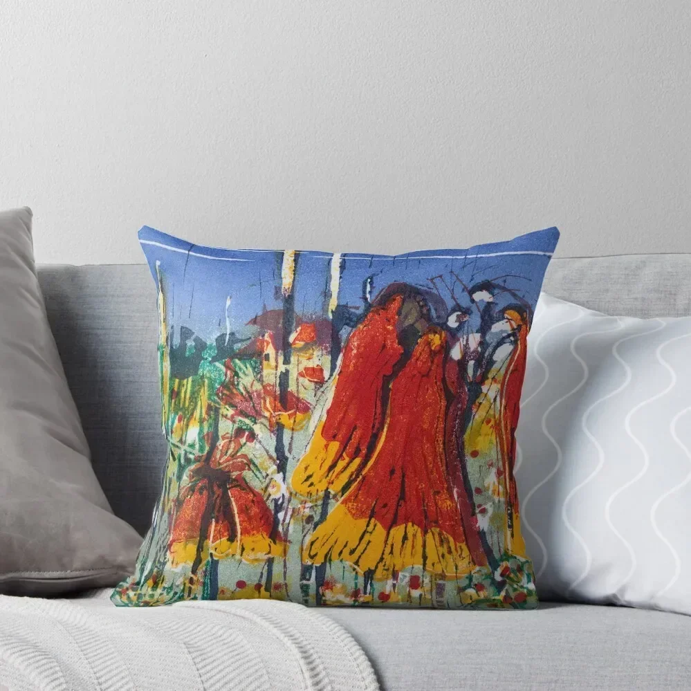 Christmas Bells, this is a multicoloured reduction linocut print by Geoff Hargraves Throw Pillow ornamental pillows pillow