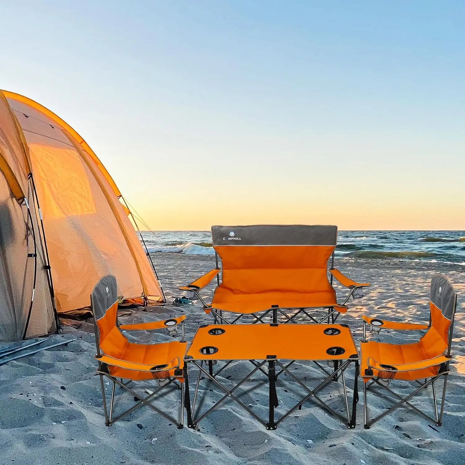 Outdoor Folding Camping Chairs with Table Heavy Duty Lawn Chair with Cup Holder,Collapsible Chair Include One Sofa Chair and Two