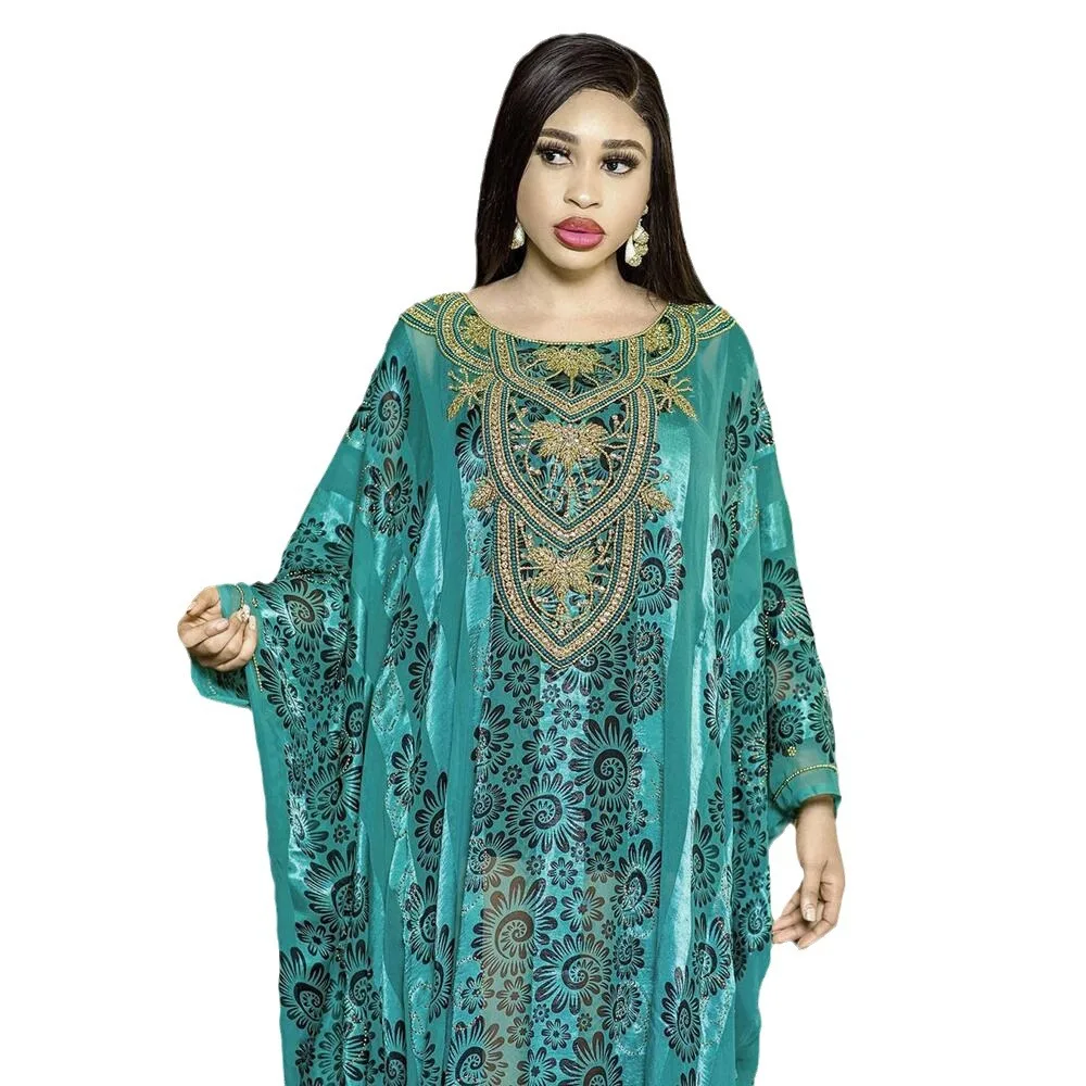 2025 African Mother Luxury Large Swing Dress with Inner Skirt Chiffon Diamond 2 Piece Set Gown O Neck Printed Women Dashiki Robe