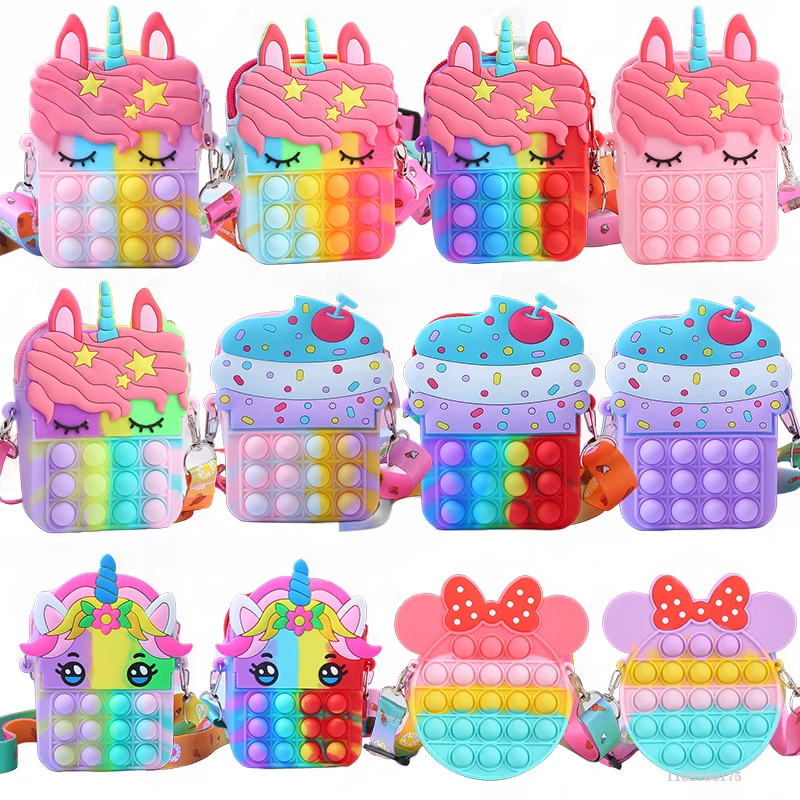 Bolsa de unicornio arcoíris para niñas, Juguetes Fidget, descompresión, alivio del estrés, bolso de mensajero divertido, monedero, regalos para niños