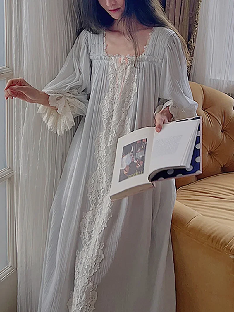 Women Pure Cotton Princess Nightdress French Fairy Pajama Vintage Loose Long Sleeve Spring Autumn Victorian Nightgowns Sleepwear