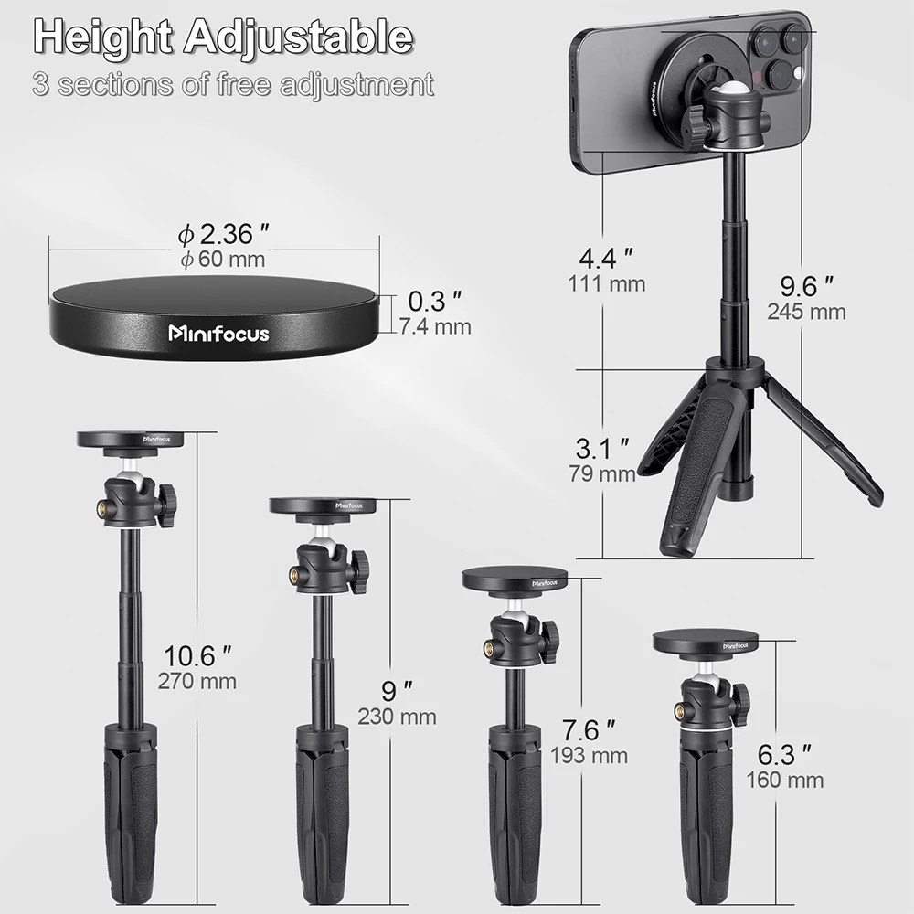 Magnetic Cell Phone Tripod for MagSafe Mini Extendable Selfie Stick 360° Ball Head Tripod Stand Handle Grip for iPhone 14 13 12