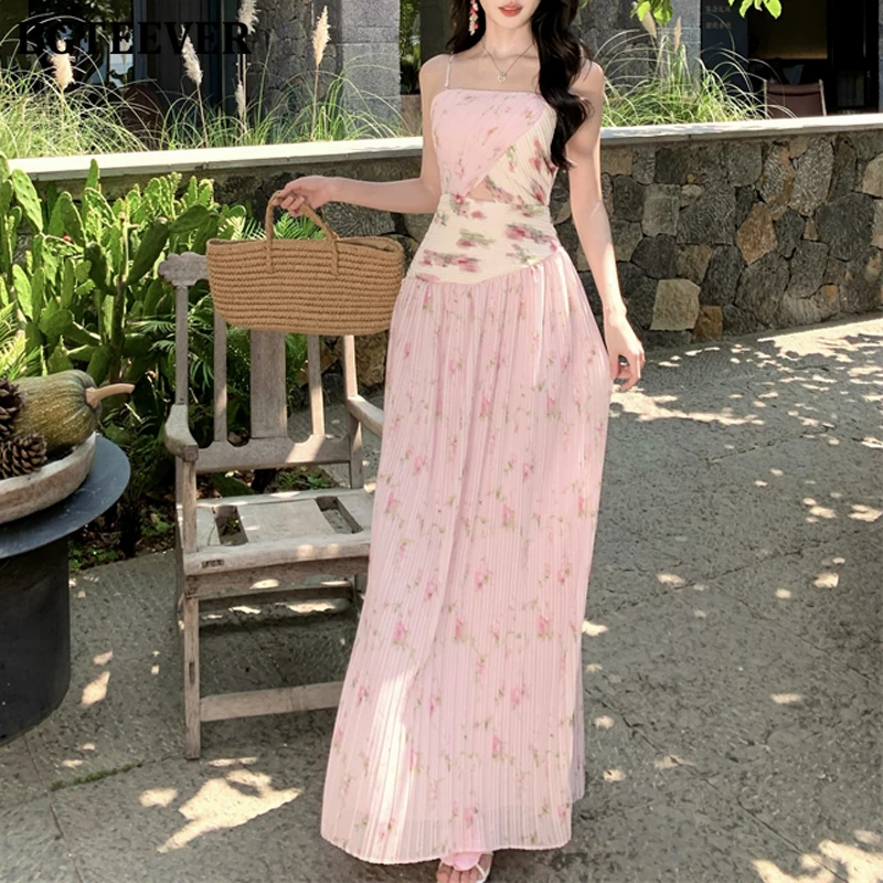 

BGTEEVER Elegant Slim Waist Sleeveless Pleated Floral Dress for Women Summer Fashion Ladies Strapless A-line Printed Dress