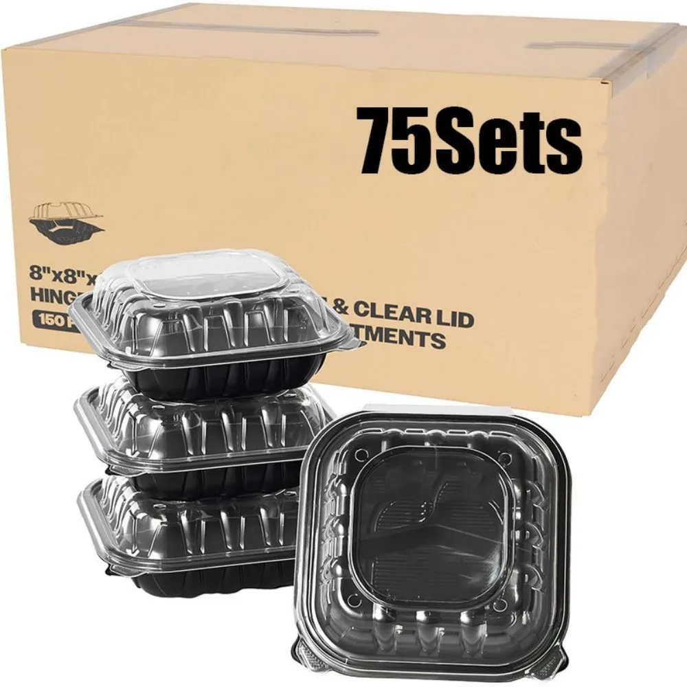 

75 Pack 8"x8"x3" 3-Compartment Heavy-Duty To Go Boxes, Breathable Flip-Top Takeaway Boxes with Clear Lid Hinged Containers, Takeaway Food Containers for Lunch - Microwave & Freezer Safe, Great for Food Storage And Takeaway, Perfect for Parties, Picnics