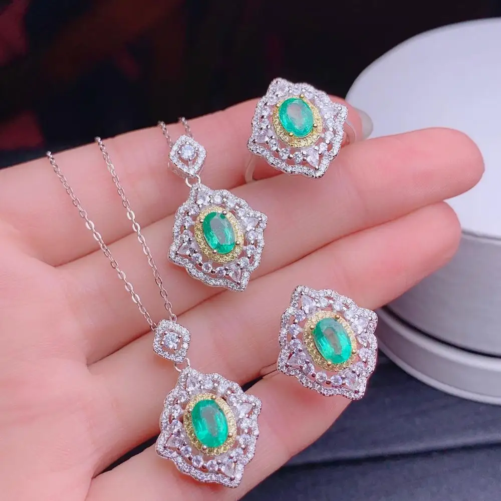 

925 Sterling Silver Natural Emerald Rings Pendants Send Necklace Fine Jewelry Wedding Women New 5*7mm