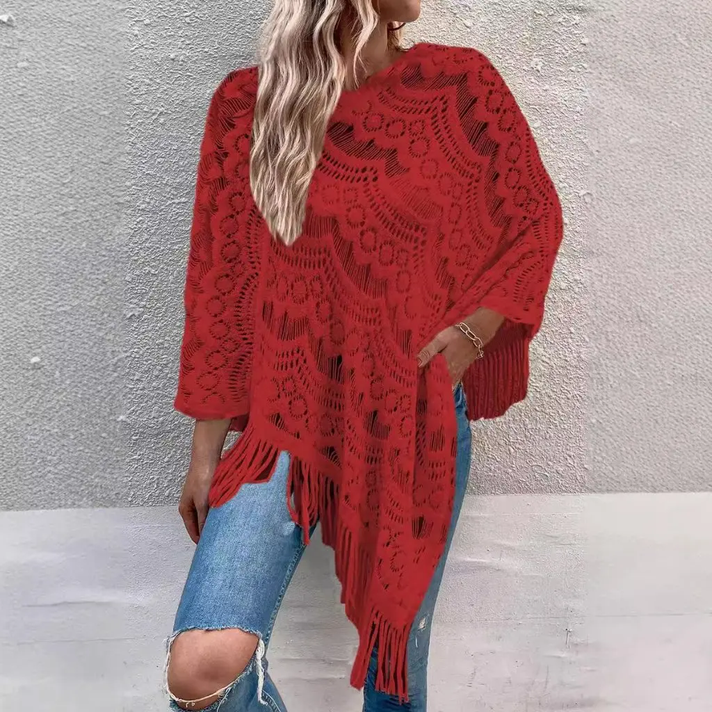

Women's Asymmetrical Tassel Pullover Knitwear Mid-Length Crocheted Cloak Shawl Knitted Fashion Top for Spring/Autumn