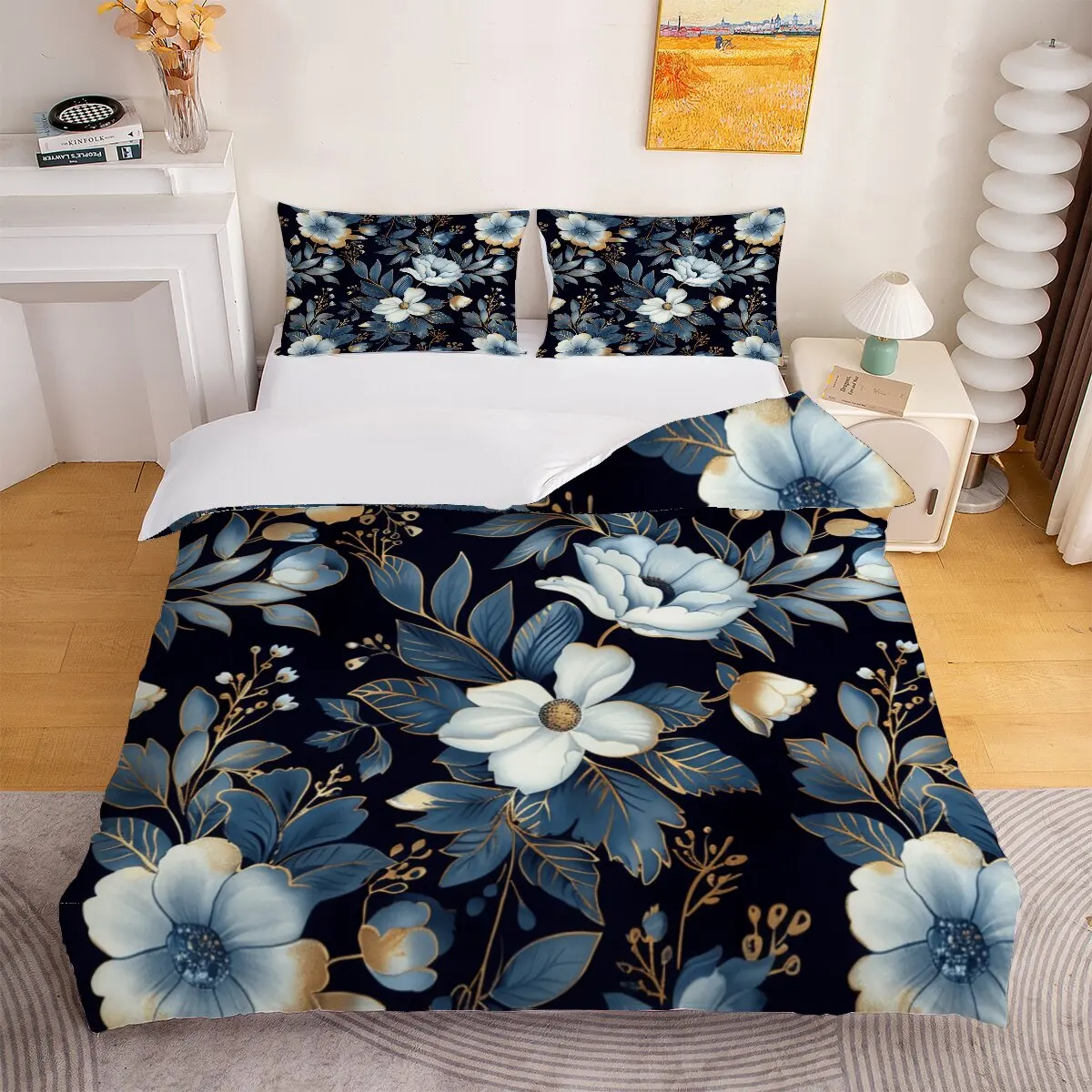 Floral pattern  Down duvet cover large size  dark blue background  Printed duvet cover 3-piece set with 2 pillowcases