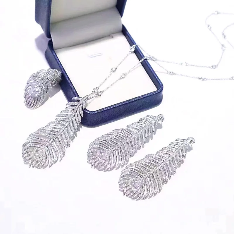 ZOCA Classic Feather Series Earrings Pendant Ring 925 Sterling Silver Zircon Jewelry Set Elegant Women Gift Friend Party Wedding