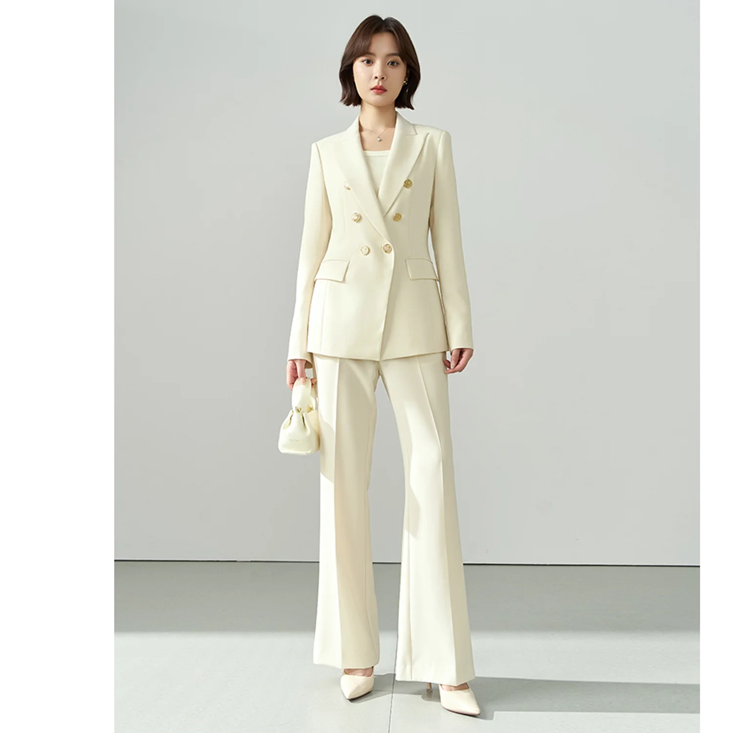 

Allingentle Ivory Women's 2 Piece Set Double-Breasted Jacket Fashion Women Pantsuit Set for Office Outfits Customize