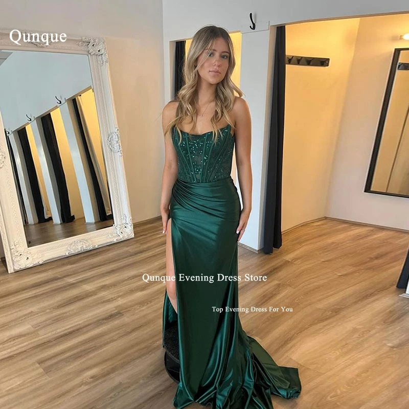 

Qunque Strapless Mermaid Prom Dresses Customized Pleated High Split Evening Gowns Lace Appliques Female Dress Vestido De Festa