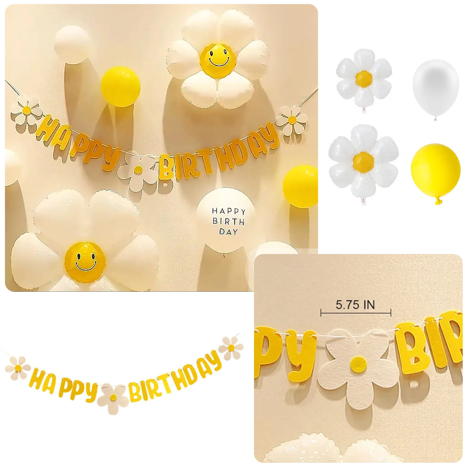 12pcs/set Daisy Balloons Happy Birthday Banner, Daisy Flower Foil Balloons 4 Daisy Balloons, 5 Yellow Balloons, 3 White Balloons