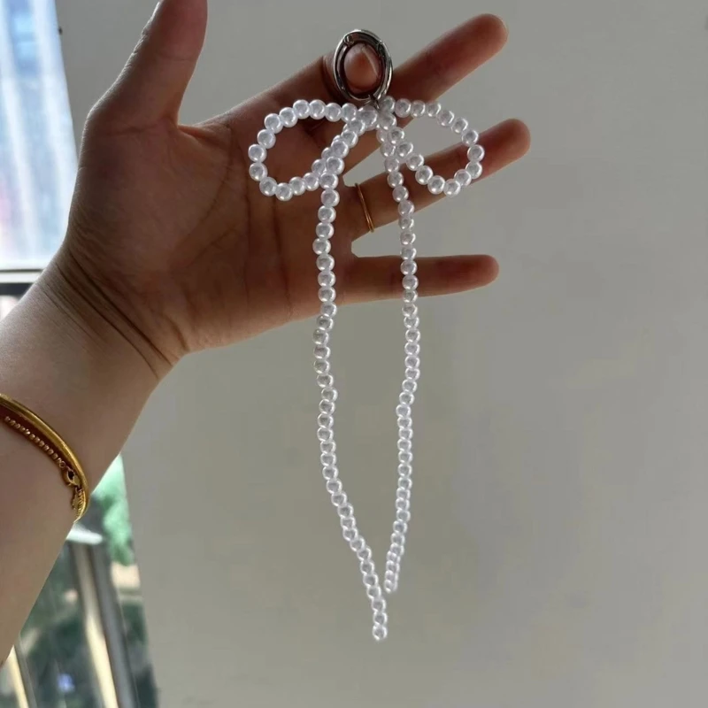 Pearls Bowknot Keychain Pendant Handmade Phone Charm Keyring Fashion Long Bows Ornament for Backpack Phones and Bag