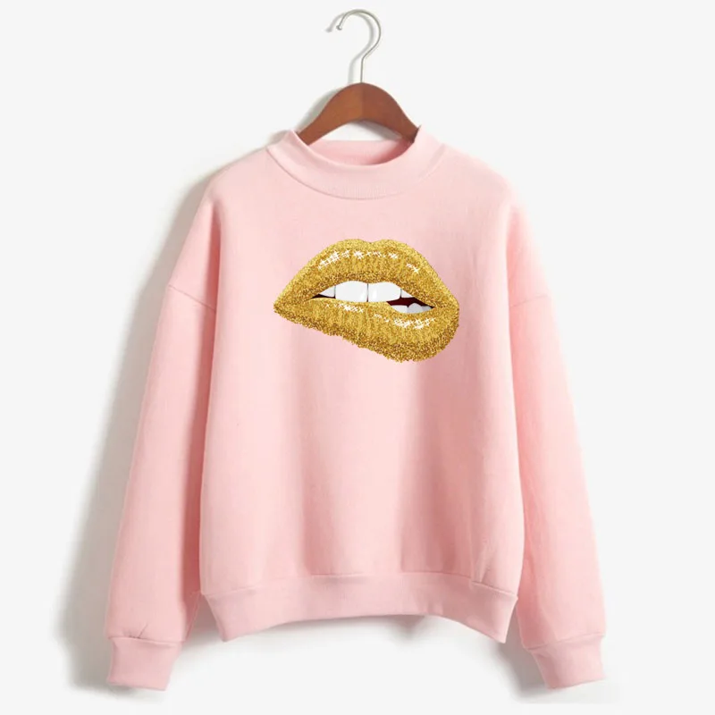 

Shiny Gold Lips Print Women Sweatshirt Sweet Korean O-neck Knitted Pullover Thick Autumn Winter Candy Color Loose Lady Clothing