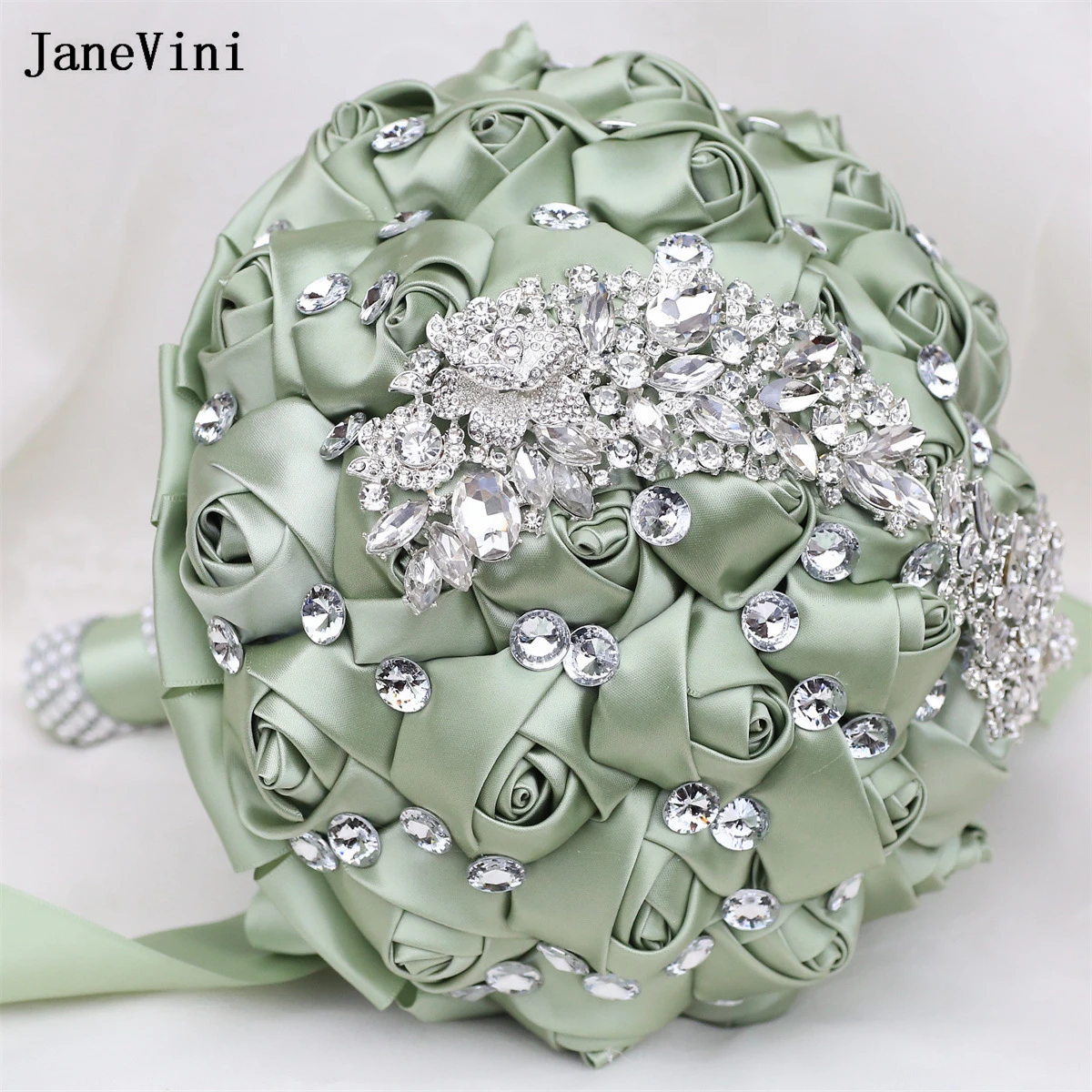 JaneVini ramos de novia de salvia personalizados, diamantes de imitación de plata de lujo, rosas artificiales de satén, ramo falso, decoración de flores de boda