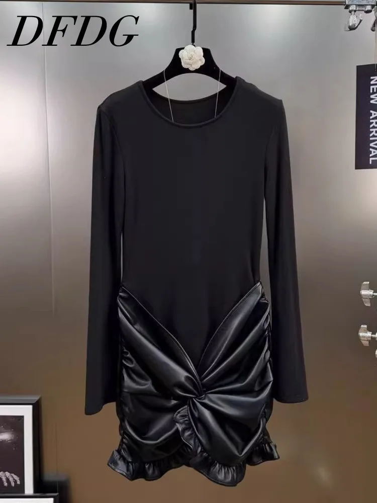 

DFDG Women's Spring Summer Black Long Sleeve Dress Leather Knot Skirt Edgy Party Clubwear 2025 Trendy Feminine Fashion Dress
