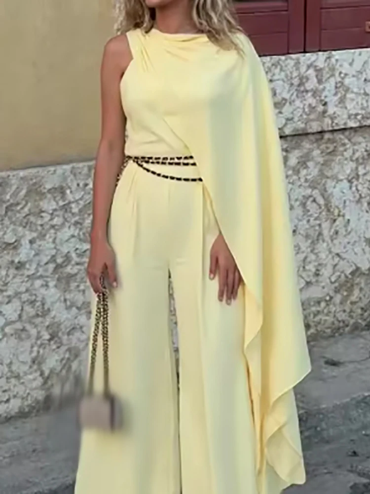 

New Women Neck Hanging Cloak Straight Playsuit Autumn Simple Solid Color High Waist Jumpsuit Casual Sleeveless Long Pants Romper