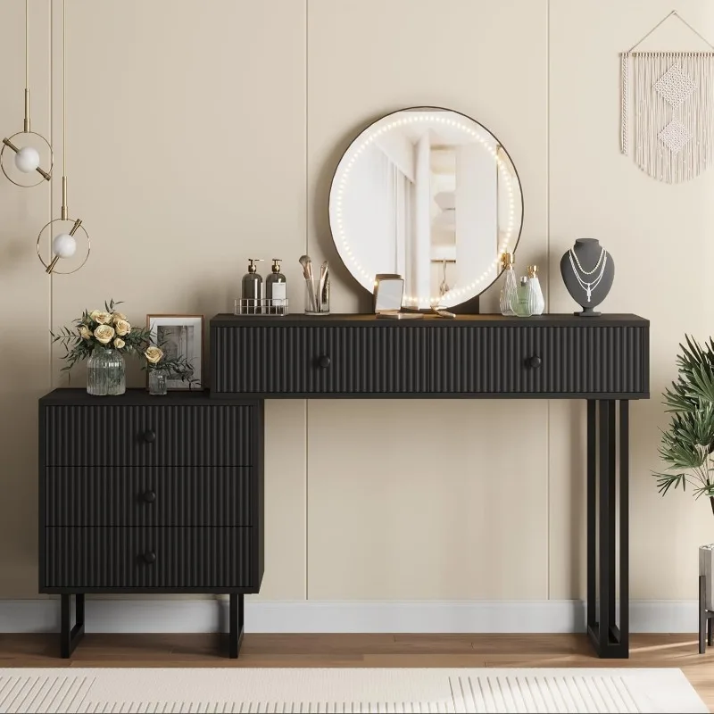 Modern Black Makeup Vanity Desk with Mirror and Lights, Vanity Table with 3 Color Adjustable Brightness, 5 Drawers for