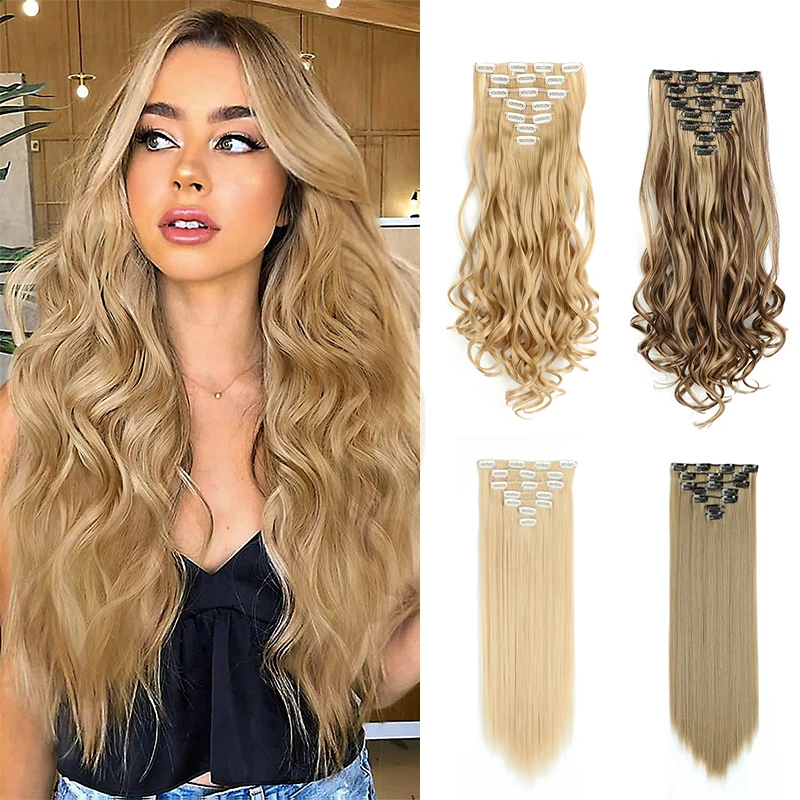 

16 Clips in Hair Extensions Synthetic Long Straight Hairstyle Ombre Blonde Hairpiece for Women 24inch Heat-Resistant False Hair