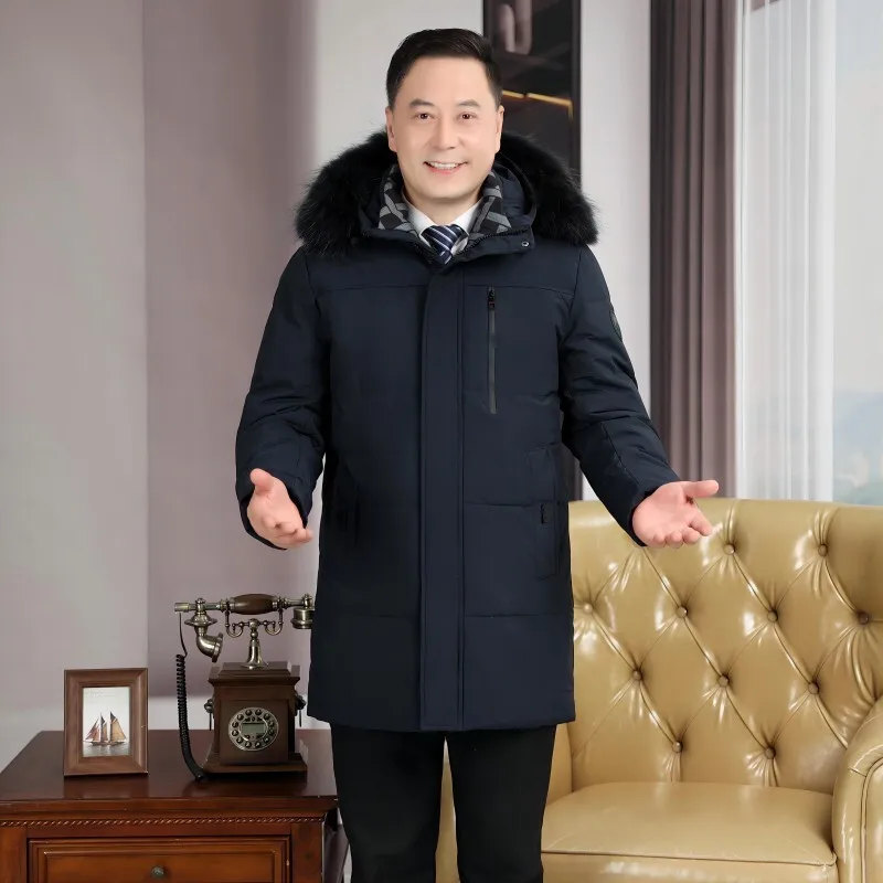

Новый зимний высококачественный пуховик 2025 года, мужская брендовая зимняя куртка, деловое теплое пальто средней длины с модным капюшоном