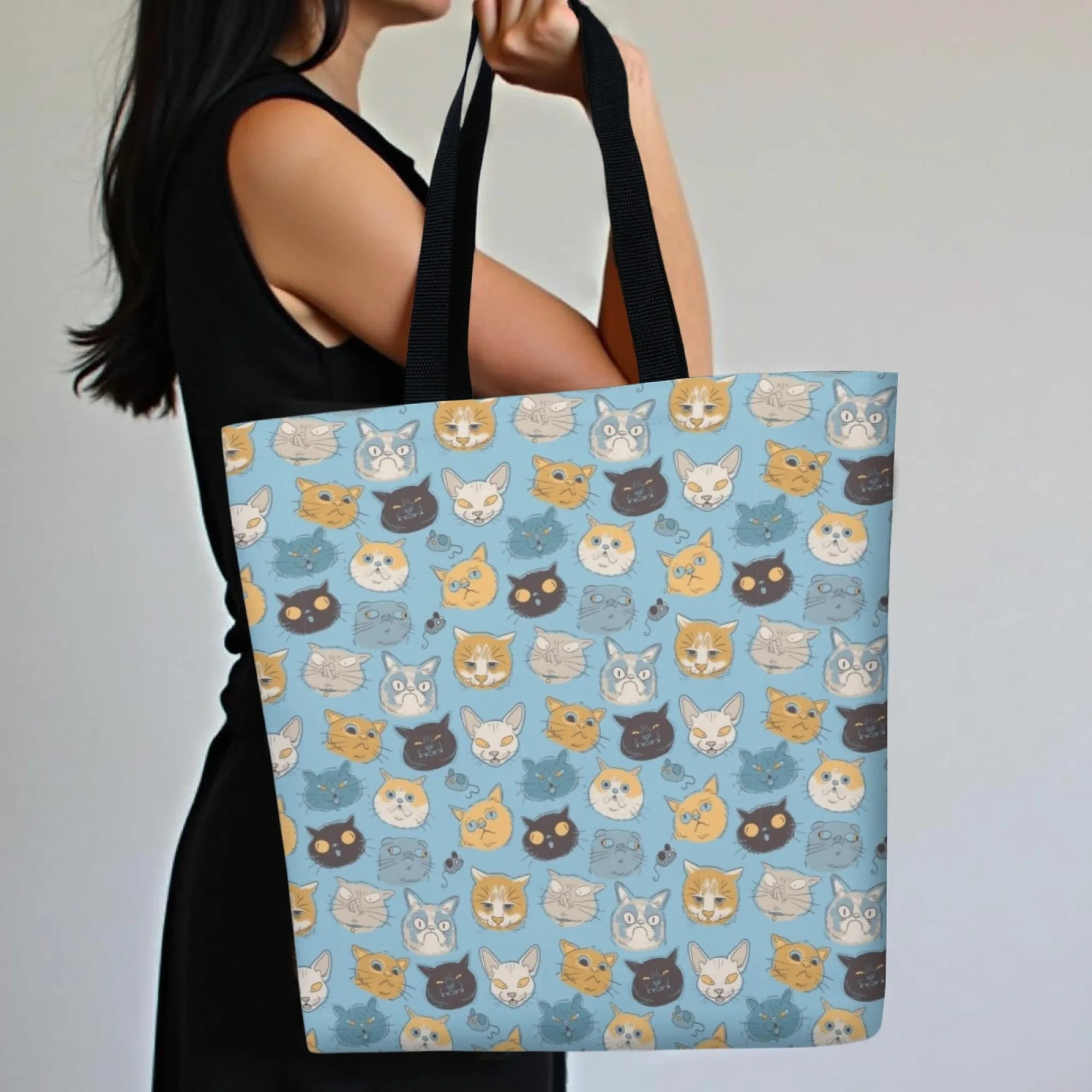 

Blue Multi-Style Cartoon Cats Print Canvas Tote Bag Playful Feline Pattern Reusable Shoulder Bag Festival Gift for Cat Lovers
