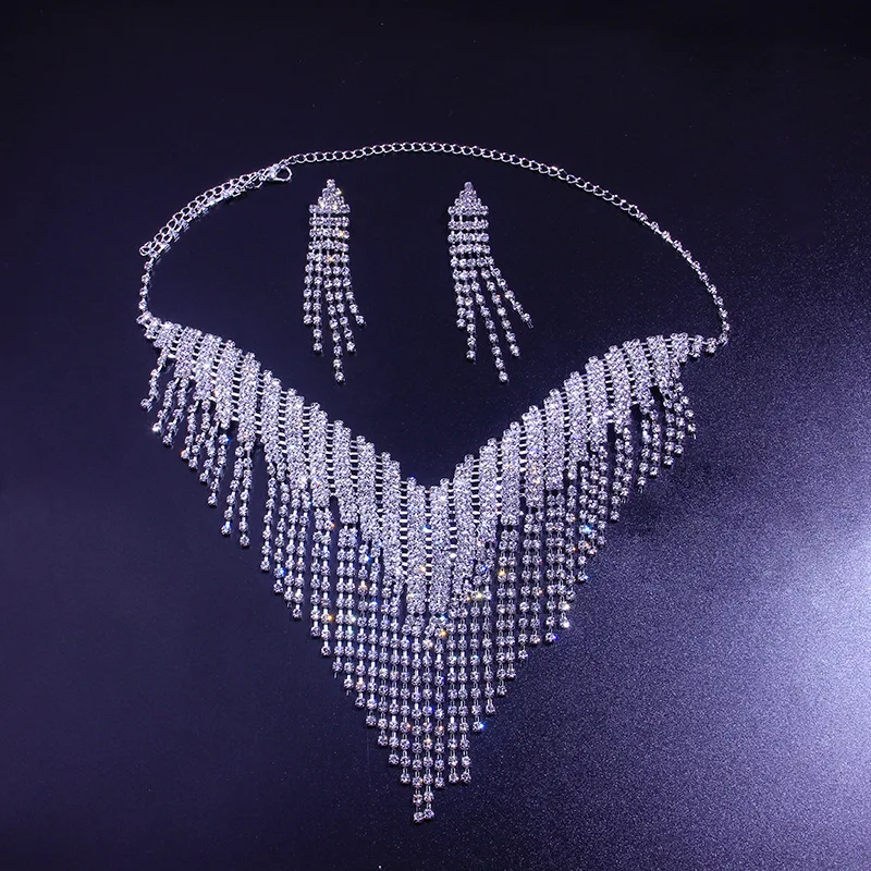 Stonefans New Luxury Geometric Rhinestone Necklace Earrings For Women Long Tassel Jewelry Sets Ladies Weddings Banquet Accessory