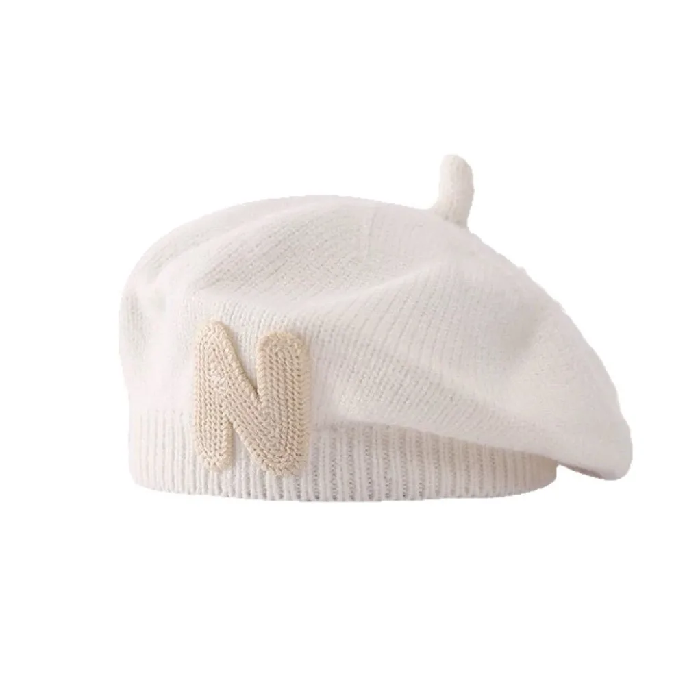 

Модный берет с вышивкой букв N для малышей, удобные ветрозащитные вязаные шапки, теплые шапочки, осень-зима