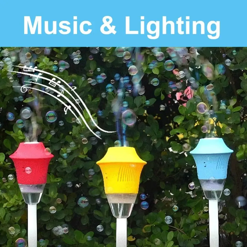 Fabricante de bolhas recarregável com suporte, máquina automática de bolhas verticais com luz noturna e lâmpada de jardim de bolhas musicais