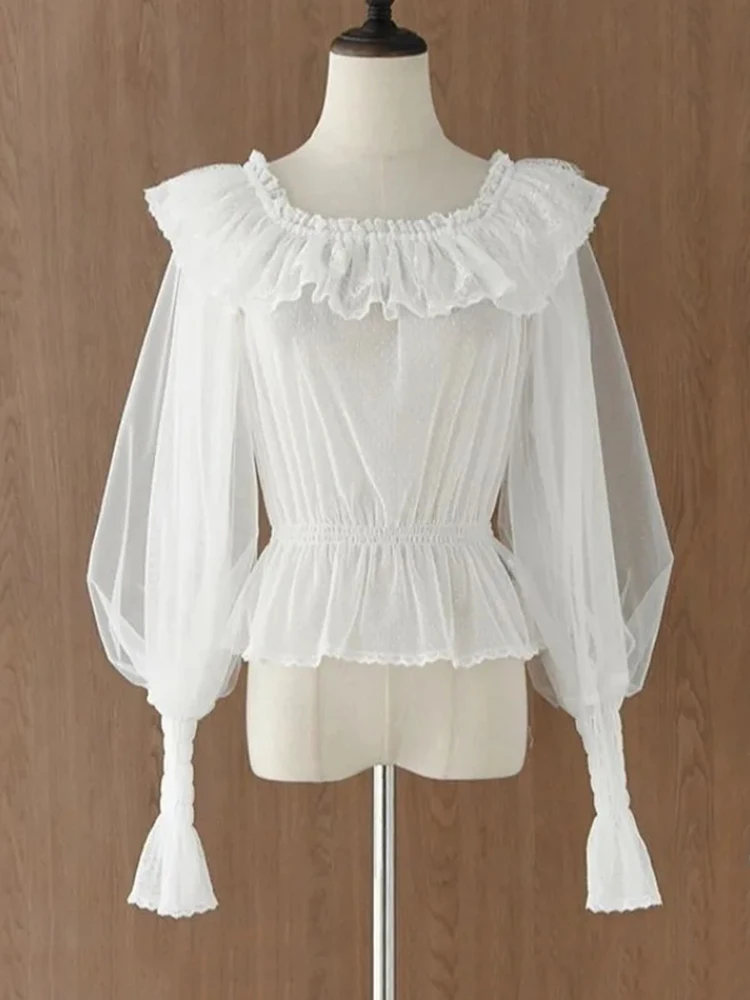 بلوزة لوليتا ستايل للنساء قمصان تونيك برقبة مائلة قطع علوية قصيرة 2025 Blusas Mujer De Moda مكشكشة بأشرطة تونك بلوزات صيفية