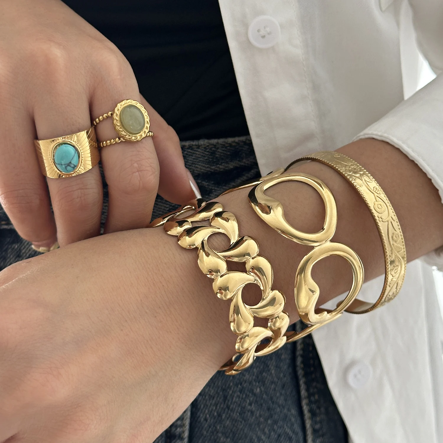 Vintage Edelstahl Blumen-Manschettenarmbänder für Damen und Herren Unregelmäßige Geometrische Wassertropfen Metall Offener Armreif Party-Schmuck – Detail 1