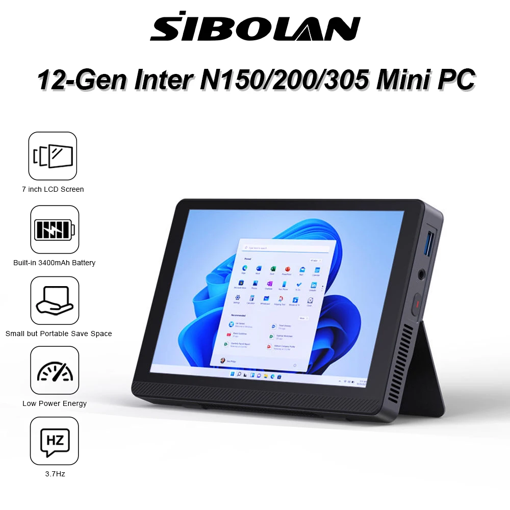 SIBOLAN 500H Mini PC Intel N150 N200 N305 CPU 7-Inch Monitor 2.5G LAN 16G DDR4 Windows 11 Pro WIFI6 BT5.2 Mini Desktop Computer