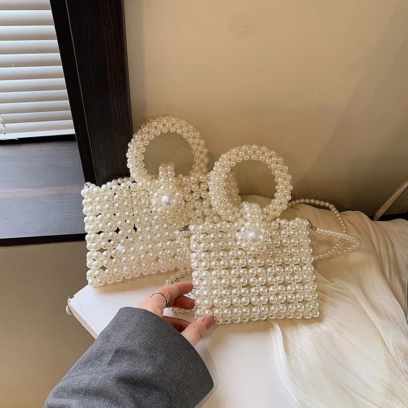 Pearl Beading Small Square Shoulder and Crossbody Bags Simple Fashion Versatile Handbags for Women 2024 Designer New Style