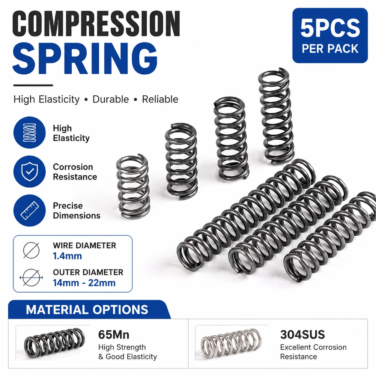 

5pcs 65Mn/304SUS buffered high hardness compression spring, WD1.4mm， OD 14-22mm, Length 10-100mm，shock-absorbing spring