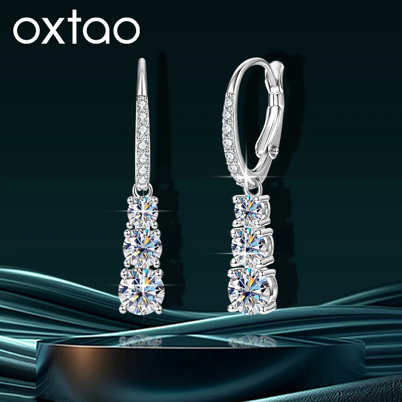 OXTAO Luxury Moissanite Drop Earrings 6mm&5mm&4mm Female Jewelry 3-Stone Pendant Earring Engagement Wedding Gift 14K Gold Filled