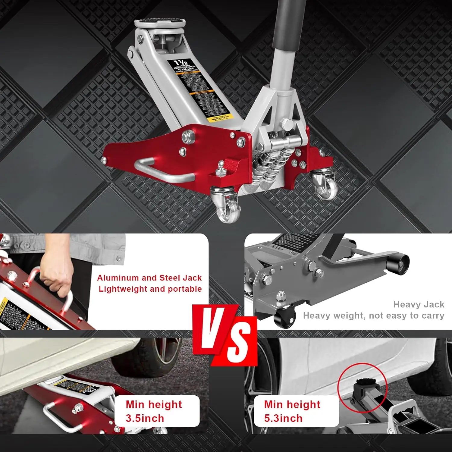 1.5 Ton Hydraulic Low Profile Racing Floor Jack with Quick Lift Pump, 3000 lb Capacity, Red