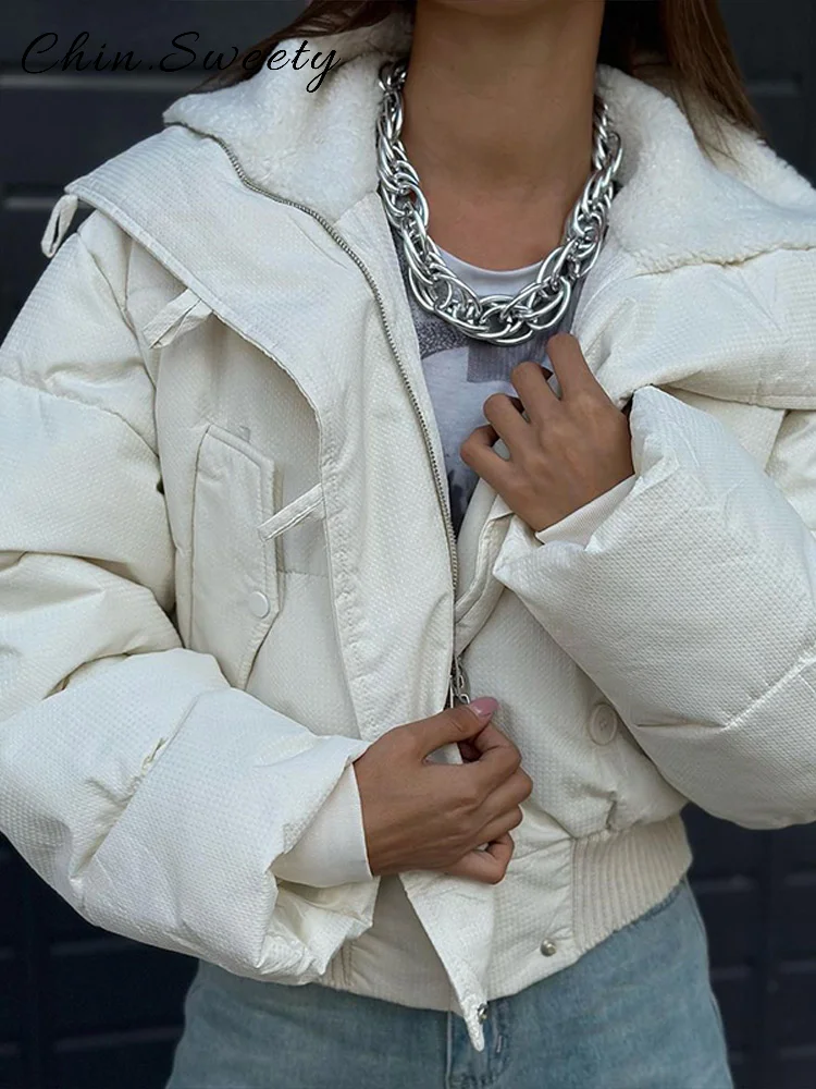 

Street Zipper Cropped Cotton Padded Coat Women Solid Lapel Full Sleeve Buttons Pocket Coats 2025 Autumn Winter Lady Chic Outwear
