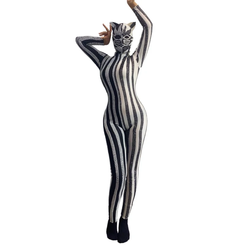 Halloween bar boate dj cosplay jazz dançarino traje strass estiramento macacão animal headwear feminino rave outfit xs10049