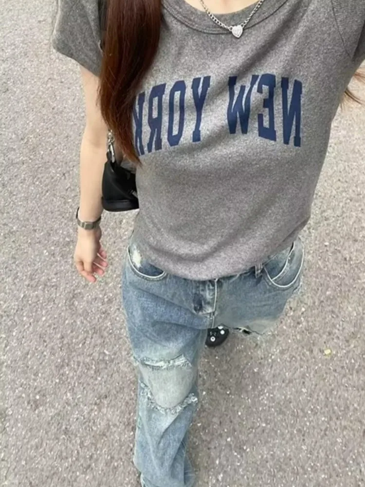 Casual Women Cotton Grey Tees 2023 Summer Fashion Ladies Casual O Neck Short Sleeves Female Letter Printed Tops