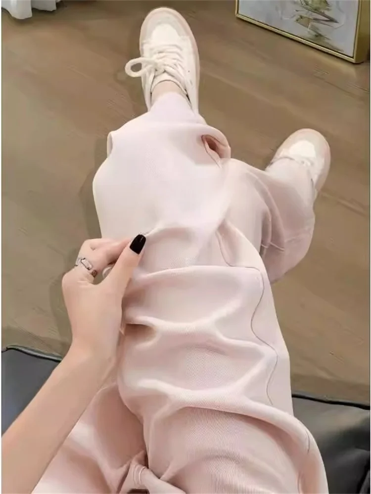 ピンクストレートレッグジーンズ レディース 夏 薄手 ワイドウエスト アイスシルク ワイドレッグパンツ ハイウエスト ルーズフィット 無地 ボタン留め