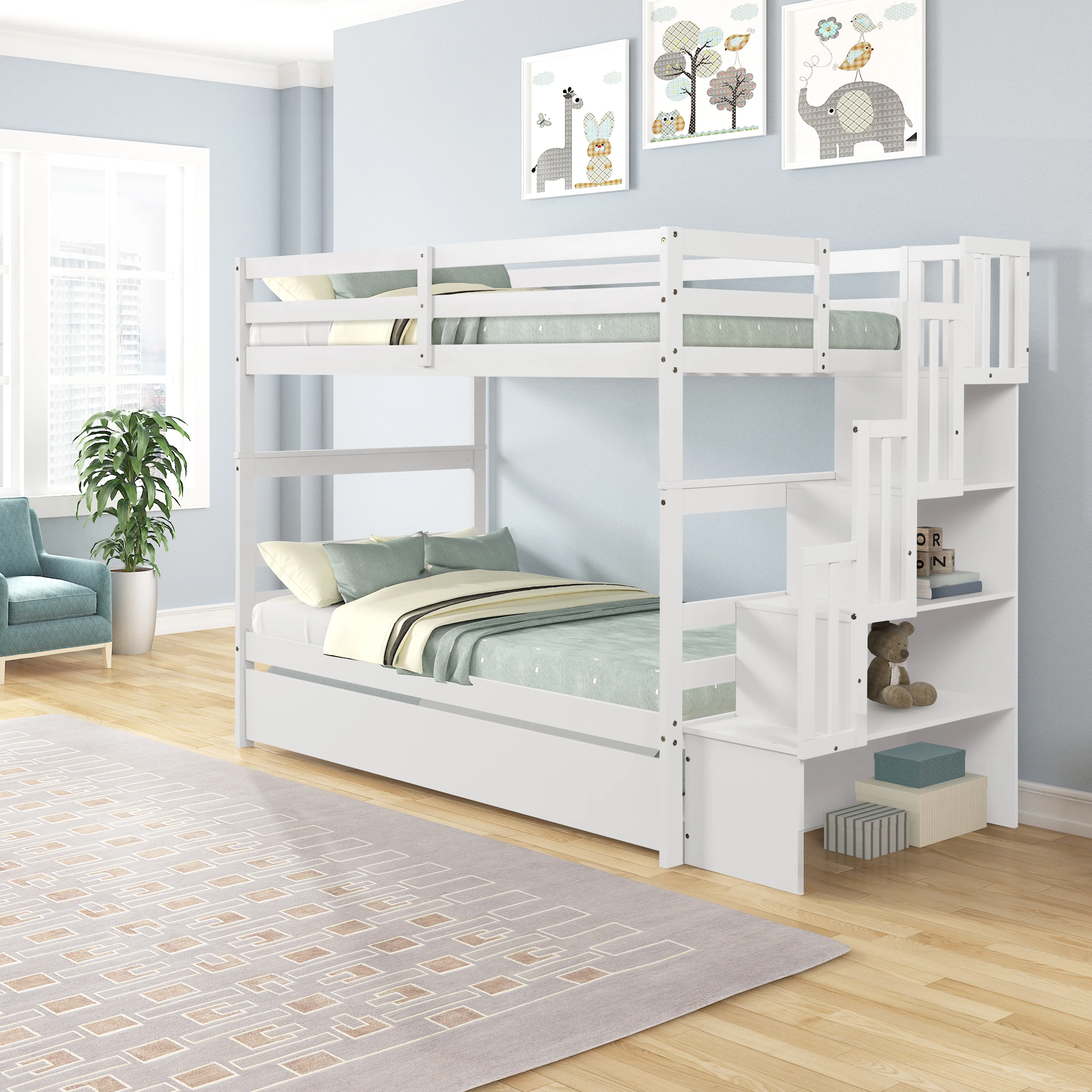 Two Colors Twin Bunk bed With Trundle with a Sturdy Ladder for  Bedroom Furniture for Livingroom US Warehouse