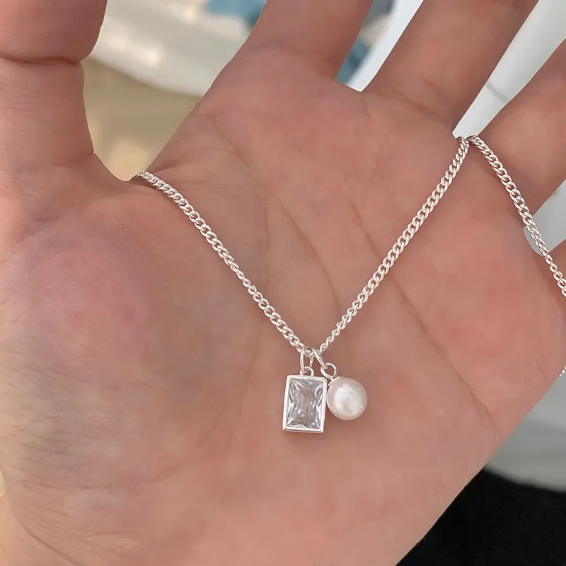 Simple Fashion 925 Sterling Silver Square Zircon Pearl Pendant Necklace for Woman Korean High Quality Jewelry Accessories Gifts