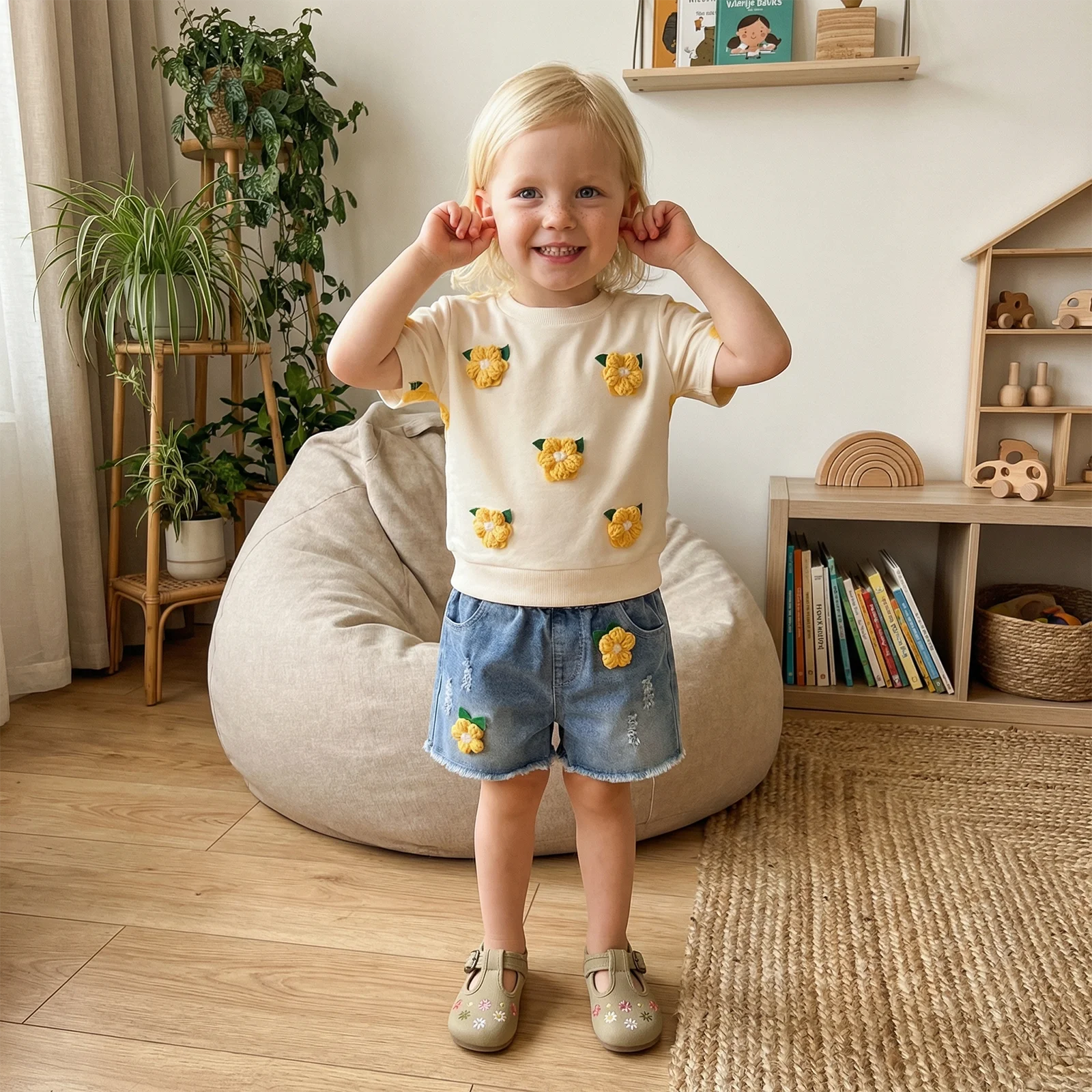Toddler Girls Summer Outfit 3D Flowers Short Sleeves T-Shirt and Elastic Ripped Denim Shorts Set 2 Piece Clothes
