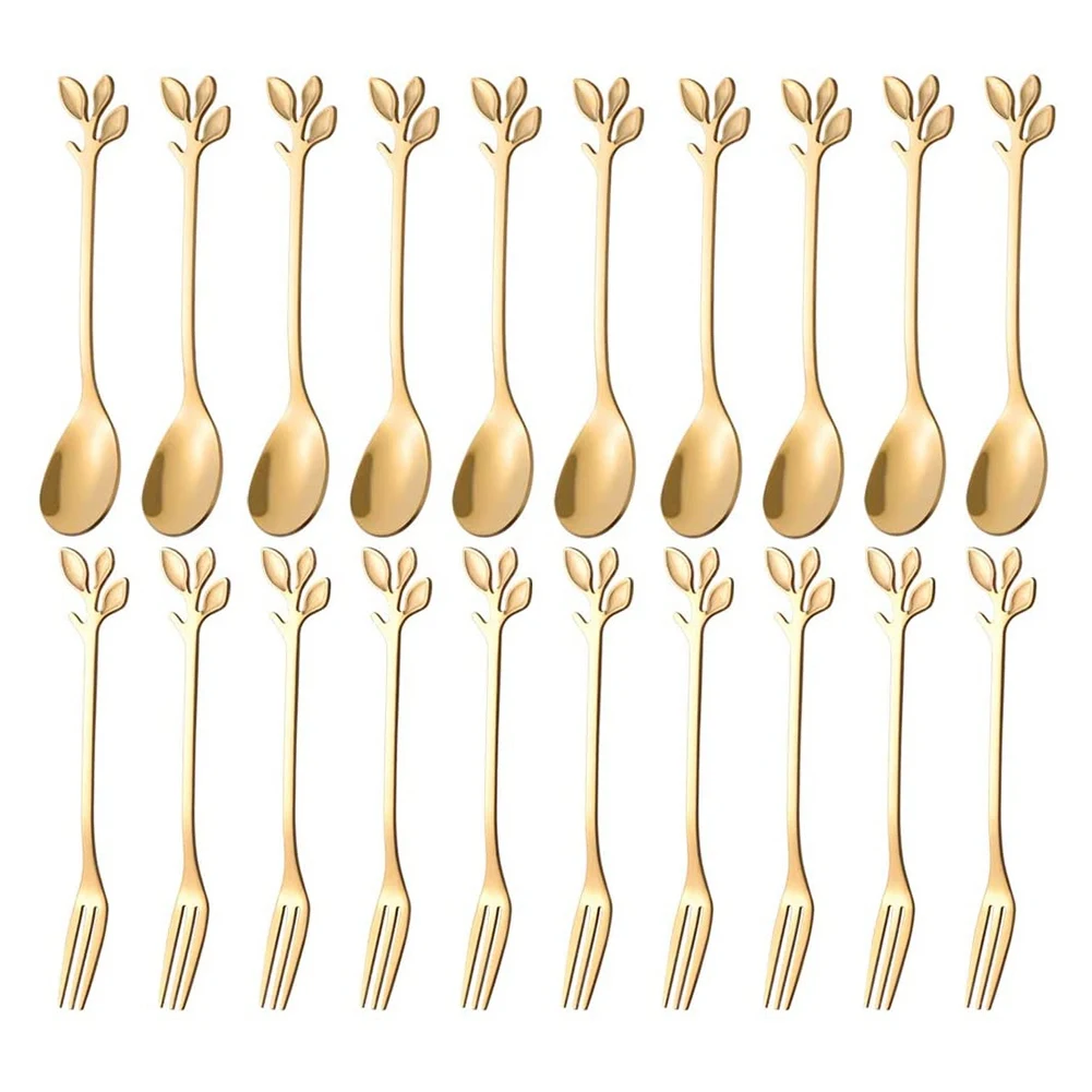 Dessert Spoon Fork Set,20 Pcs 4.7 Inch Cake Fork,Coffee Spoon,Creative Gold Leaf Fruit Fork,(10 Spoon + 10 Fork)