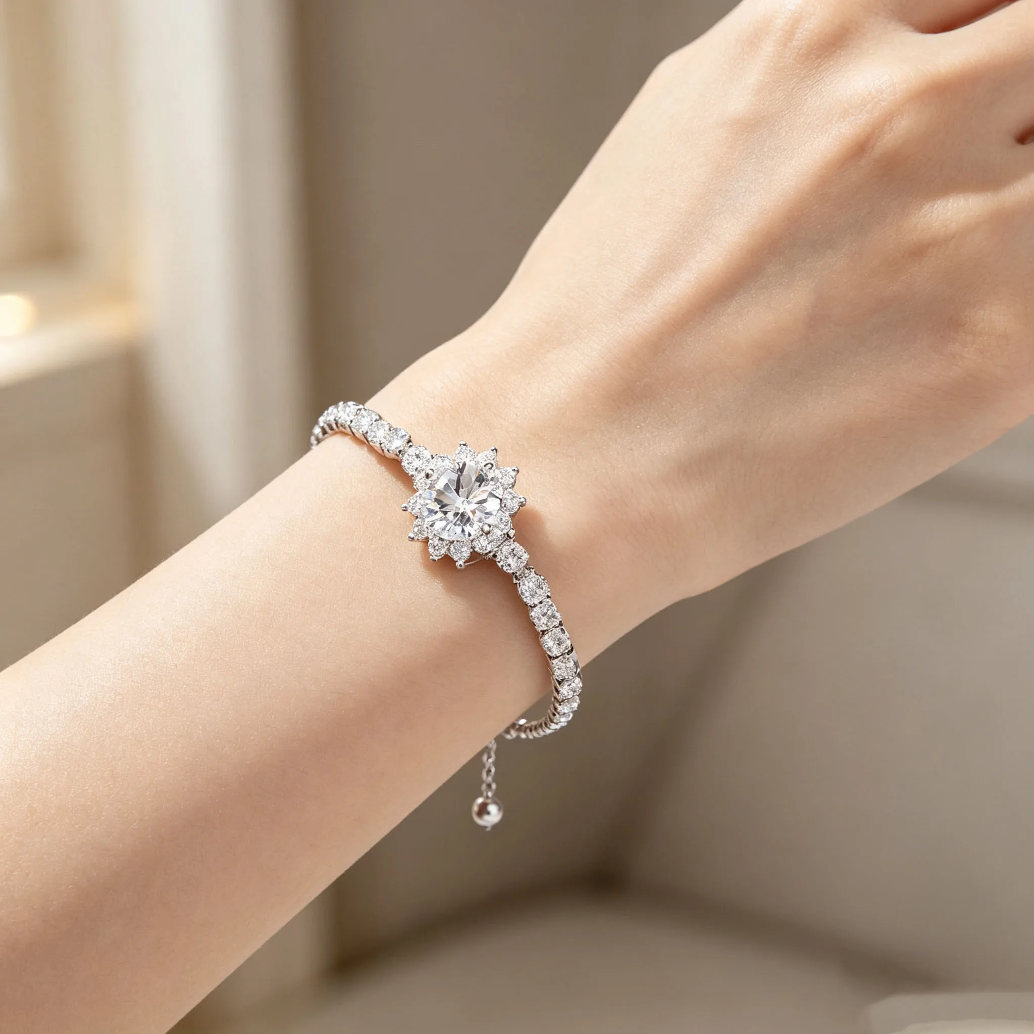 Exquisite 925 Sterling Silver Morganite Sunflower Bracelet 2-Carat Women's Accessory Pull-Out Design