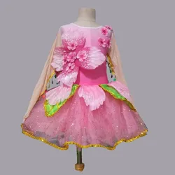 Pink Flower Dance Performance Costumes Kids Modern Dance Sequined Ballroom Dancing Dress Children Contemporary Flower Dancewear