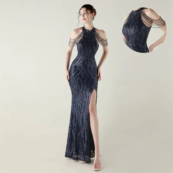 

Prom Dress Women Party Long Beaded Sequin Elegant Evening Dress Mermaid Off Shoulder Sleeveless Maxi Dress Navy Blue High Slit